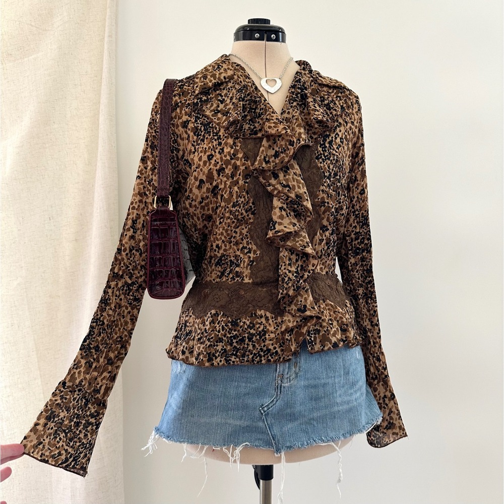 Vintage 90s y2k Women's Leopard Animal Print Ruffle Lace Trim Top Brown Grunge